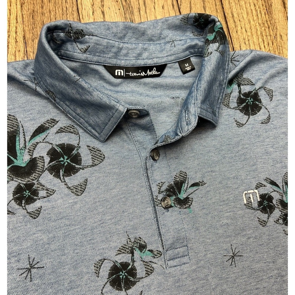 Travis Mathew Blue‎ Floral Golf Polo Shirt Tropical Hawaiian Men's Size Medium